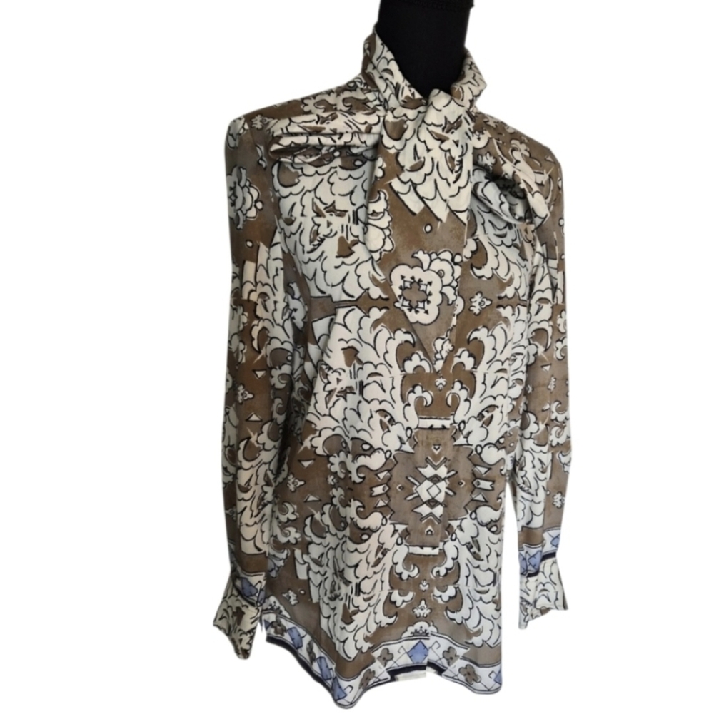 TORY BURCH Vintage-Inspired Brown & White Floral Tie-Neck Silk Blouse- Size 4
